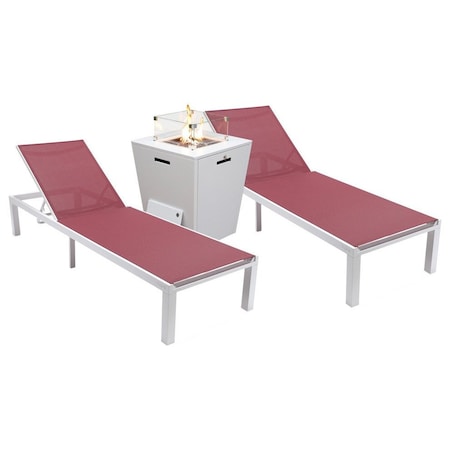 Leisuremod Marlin White Aluminum Patio Chaise Lounge Chair Set of 2 with Square Fire Pit Table, Burgundy MLWCF21-77BRG2