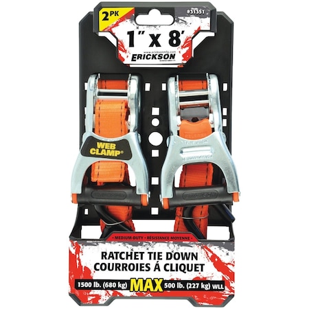 Erickson 1''x8 ' Ratchet Tie-Down with Web Clamp, 2PK 500 lb. 31351