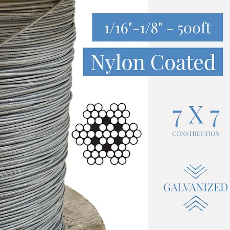 Laureola Industries 1/16 in.-1/8 in. Nylon-6 Coated Clear Galvanized Cable 7x7 Strand Wire Rope, 500 ft ZAG116018-77-GN6C-500