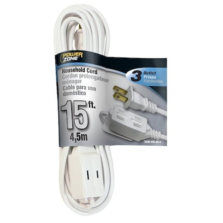 Powerzone SPT-2 Extension Cord, 16 AWG, Indoor, 16/2, 3 Outlets, White, 15 ft OR660615