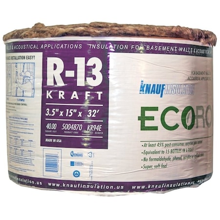Knauf KR94E Kraft Faced Insulation, 40 sq-ft Coverage Area, 32 ft L, 15 in W, R-13 R-Value, Fiberglass KR94E/TAK