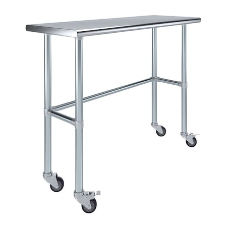 Amgood 18in D x 48in L Stainless Steel Open Base Table, 3in Casters AMG WT-1848-RCB-WHEELS-Z
