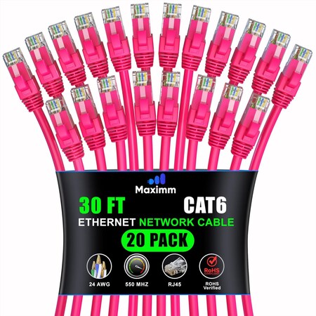 Maximm Cat6 Ethernet Cable 30ft 10Gbps 550MHz UTP, 20PK, Pink, 20PK CAT6CCA-30PN20PK