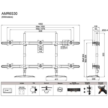Amer Amer AMR6S30 Monitor Stand - Up to 32" Screen Support - 17.64 lb Load Capacity - Aluminum Alloy AMR6S30