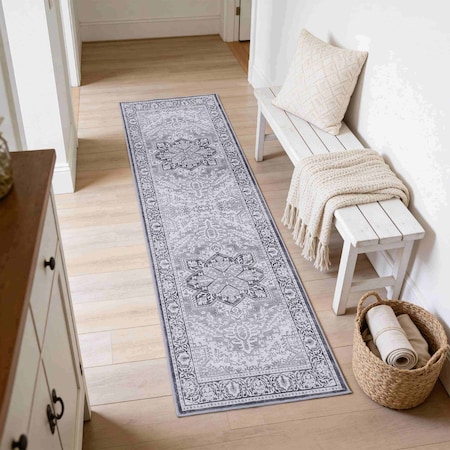 Jonathan Y Eleanor Vintage Medallion Border Non-Slip Machine-Washable Ivory/Gray 2 ft. x 8 ft. Runner Rug VOR100H-28