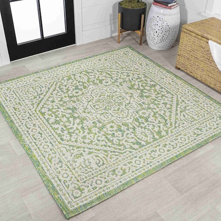 Jonathan Y Sinjuri Medallion Textured Weave Cream/Green 5 ft Square Indoor/Outdoor Area Rug SMB101H-5SQ