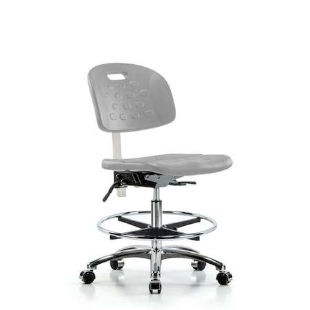 Blue Ridge Ergonomics Class 10 Poly Clean Room Chair - Medium Bench Height with Chrome Foot Ring & Casters in Gray Poly CLR-HPMBCH-CR-T0-A0-CF-CC-GRY