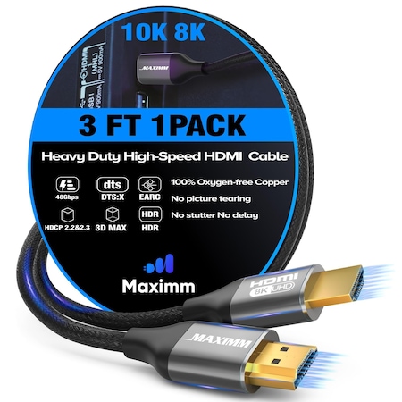 Maximm 3ft 8K 60Hz 48Gbps HDMI 2.1 Braided Cable, Silver KIT-8K-HDMI-3FT-SV1PK