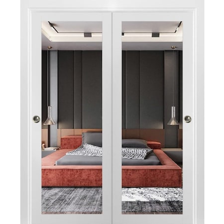 Sartodoors Sliding Closet Bypass Doors, Lucia 1299 White Silk with Mirror, Sturdy Rails Moldings Trims Hardwa LUCIA1299DBD-WS-72