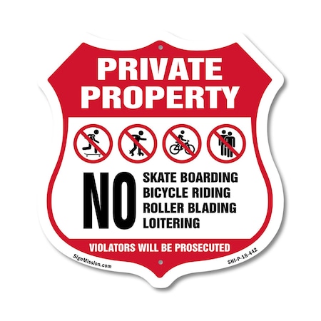 Signmission Private Property Shield Sign No Skateboa, 18 Inch X 18 Inch, Plastic Sign SHI-P-18-442