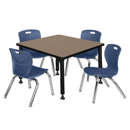 Regency Square Kee Adjustable Classroom Table W/ 4 Andy Stack Chairs, 30 in W, 30 in L, Noble Oak TB3030NOAPBK45NV