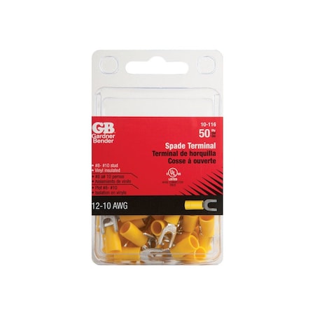 Gb Spade Terminal, 600 V, 12 to 10 AWG Wire, #8 to 10 Stud, Vinyl Insulation, Yellow0, 50PK 10-116