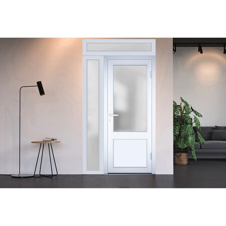 Vdomdoors Front Exterior Prehung FiberGlass Door Frosted Glass / Manux 8422 White Silk / Sidelight and Transo MANUX8422EXD-WS-W36+16 x H80+14-LH