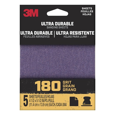 3M Ultra Durable Power Sanding 1/4 Sheet, 180 grit, 5 pk, 20PK 1/4SHT5PK180