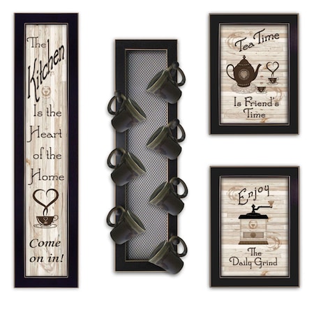 Homeroots Set Of Four Kitchen Collection V with Seven Peg Mug Rack 3 Black Framed Print Kitchen Wall Art, 4PK 405958