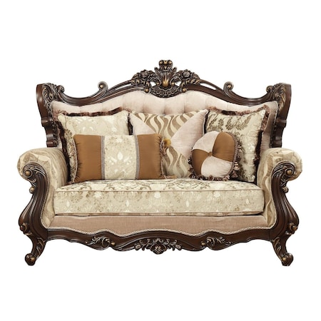 Homeroots 70in Beige and Brown And Brown Damask Loveseat and Toss Pillows 348226