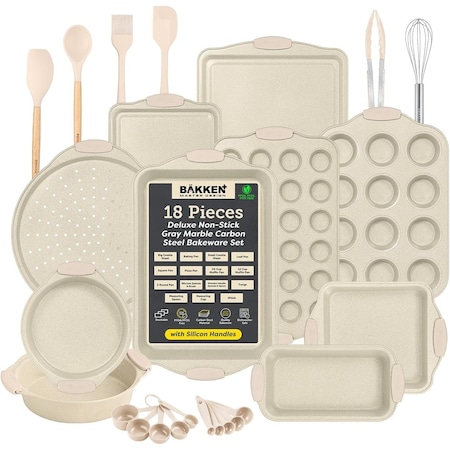Bakken-Swiss BAKKENMASTER 18-Piece Nonstick Carbon Steel Bakeware Set, w/ White Silicone Handles and Accessories BKBSMARWHT18
