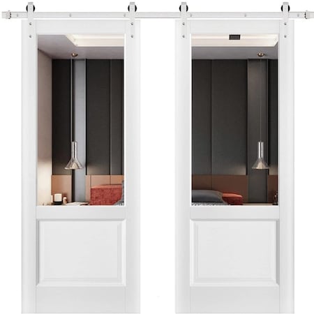 Sartodoors Sturdy Double Barn Door with, Lucia 1533 White Silk with Clear Glass, 13FT Rail Hangers Heavy Set LUCIA1533DB-S-WS-6496