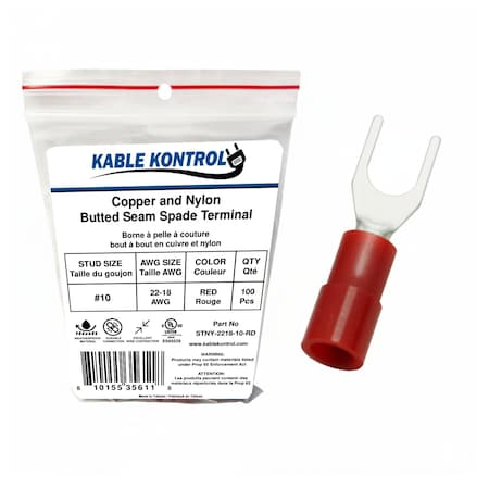 Kable Kontrol Copper and Nylon Butted Seam Spade Terminal, 22-18 AWG, Stud Size # 10, Red, 100 Pcs, 100PK STNY-2218-10-RD