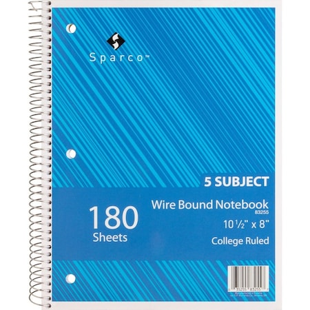 Sparco 5-Subject Notebook, 8" x 10-1/2", College Ruled, Bright White, 180 Sheets/Pad 83255