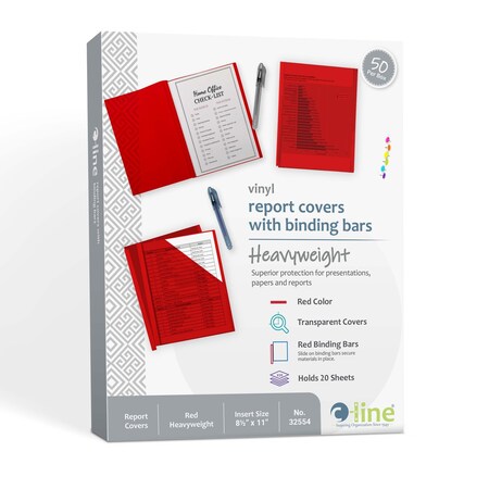 C-Line Products 8-1/2" x 11" Red Vinyl Report Covers with Binding Bars, 50/BX 32554
