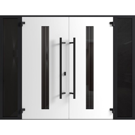 Vdomdoors Front Exterior Prehung Aluminum Double Doors Ronex1055 Teak 2 Sidelights Mirrored Clear Glass Entry RONEX1055DEXD-OAK-W14+72+14xH80-RH-O
