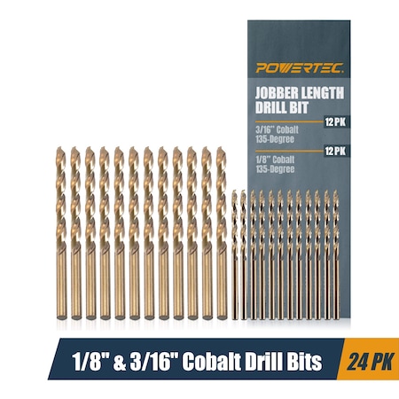 Powertec 1/8" & 3/16" Cobalt Drill Bits Assorted Size M35 HSS Jobber Length Twist Bits with 135 Deg Tip QDB2105