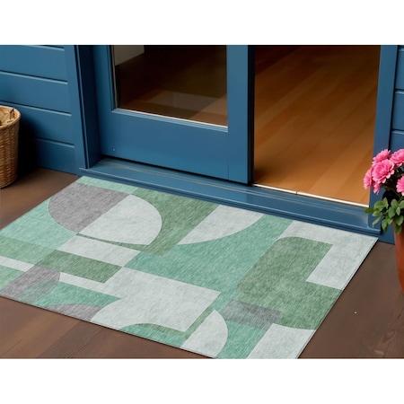 Homeroots 3' X 5' Green Sage And Gray Geometric Washable Indoor Outdoor Area Rug 617908