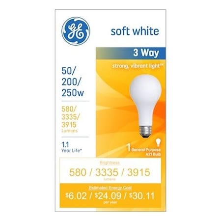Ge Light Bulb, 250 W, A21 Lamp, E26 Medium Lamp Base, 3915 Lumens, 2800 K Color Temp, Soft White 93130573