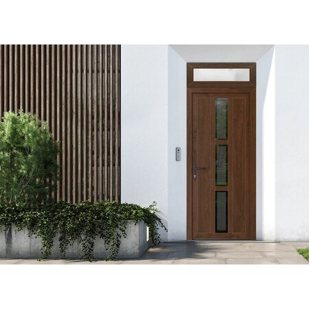 Vdomdoors Front Exterior Prehung Metal-Plastic Door, Manux 8112 Walnut, Top Sidelite Transom, Office Commerci MANUX8112EXD-WLN-W36xH80+14-RH