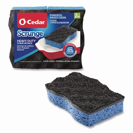 O-Cedar Scrunge Heavy-Duty Sponge, 2.63in x 4.25in, 1in Thick, Black/Blue, 2PK 148377PK