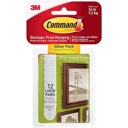 Command Large Picture Hanging Strip, 3/4 in W, 3-5/8 in L, Foam Backing, White, 4 lb 17206-12ES
