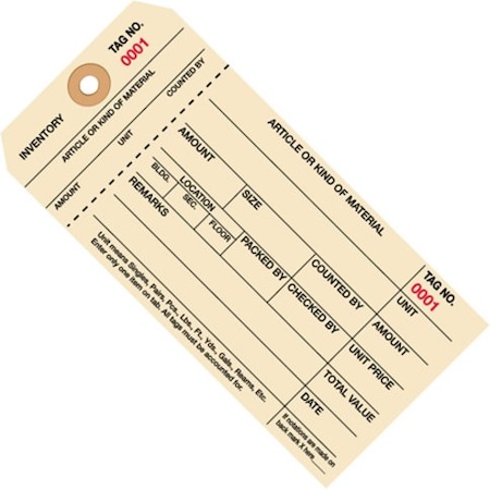 Partners Brand Inventory Tags, Stub, 6 1/4x3 1/8", PK1000, 10 Point Cardstock, 6 1/4" W, Manila, 1000 PK G18011