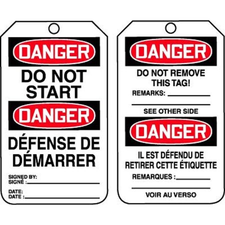 Accuform Safety Tags, DANGER DO NOT START BILINGUAL FRENCH, 5.75in x 3.25in, PF-Cardstock, 25PK TMF129CTP