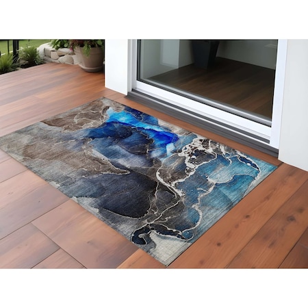 Homeroots 3' X 5' Blue Abstract Washable Non Skid Indoor Outdoor Area Rug 559652