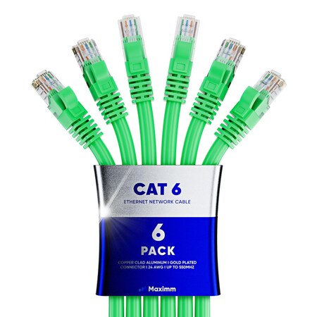 Maximm Cat6 Ethernet Cable 50ft 10Gbps 550MHz UTP, 6PK, Green, 6PK CAT6CCA-50GN-6PK