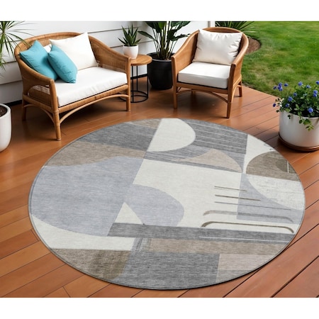 Homeroots 8' Taupe Gray And Ivory Round Geometric Washable Indoor Outdoor Area Rug 618000