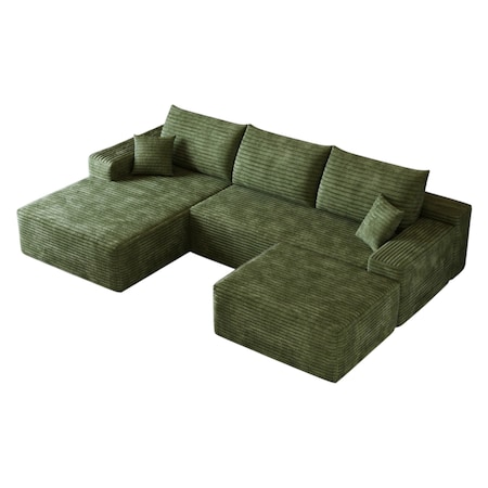 Homeroots 107" Green Corduroy Modular Compression Foam Sofa With Ottoman And Toss Pillows 712957
