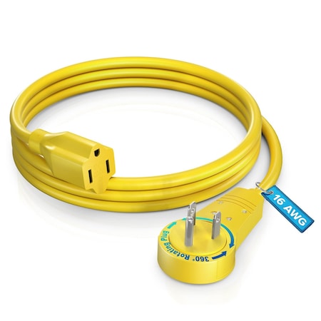 Maximm 3ft 16AWG 360 degrees Flat Plug Extension Cord, 3-Prong Grounded, UL, Yellow ADW-360-3103-Y