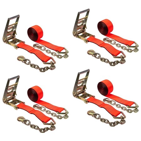 Mytee Products 4PK 3inx30ft Ratchet Strap w/Chain Anchor 5000 Lbs WLL for Flatbed Trailer - Red, 4PK RS330C-Rx4