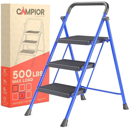 Campior Blue 3-Step Foldable Stool, 500 lbs Cap., Anti-Slip Feet, Steel Frame, Space-Saving for Home and More DRIB3STPBLU
