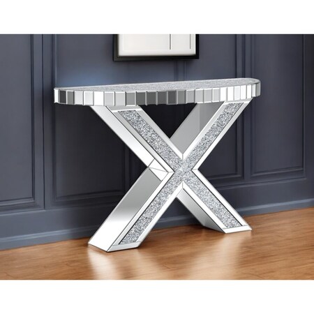 Homeroots 47" Silver Mirrored Glass And Faux Crystals Half Circle Cross Leg Console Table 568863