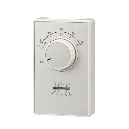 Tpi ET9 Line Voltage Thermostat, 20/277 VAC, 22 A, 2 deg F Differential, 50 to 90 deg F Control, White ET9DTS