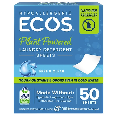 Ecos Laundry Detergent, 50, Sheet, Free and Clear 9537/10