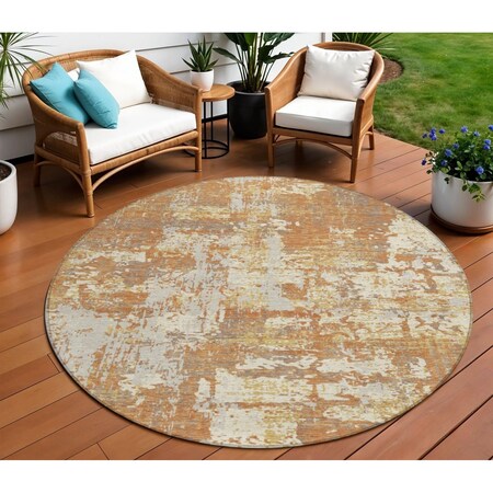 Homeroots 8' Copper Gold And Ivory Round Abstract Washable Indoor Outdoor Area Rug 597952