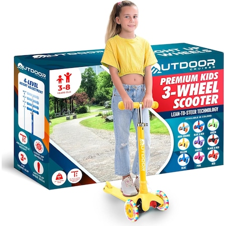 Outdoorcruiser Outdoor Cruiser 3-Wheel Kids Scooter, Lean-to-Steer, LED Wheels, Adjustable T-Bar, Yellow OCKSYEL