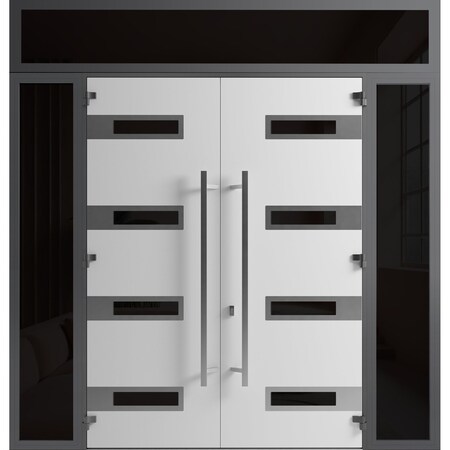 Vdomdoors Front Exterior Prehung Aluminum Double Doors Ronex0131 Black Enamel 2 Sidelights and Top Transom RONEX0131DEXD-BLK-W14+72+14xH80+14-RH-I