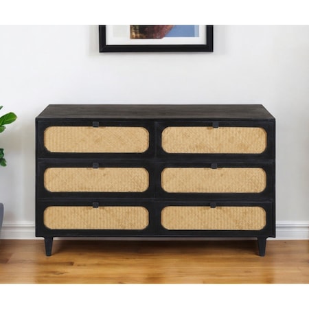 Homeroots 56" Black And Natural Solid Wood And Rattan Six Drawer Double Dresser 564522