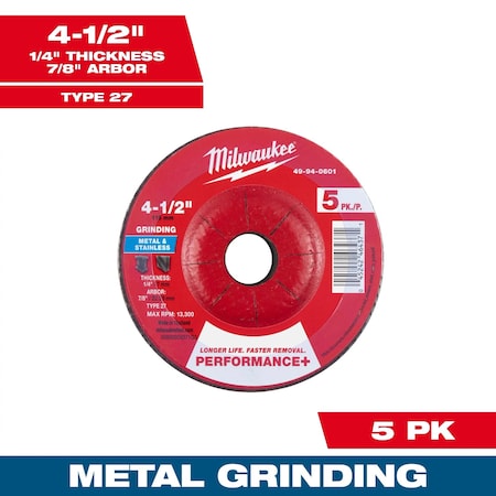 Milwaukee Tool Grinding Wheel, 4 1/2" dia., PK5 49-94-0601