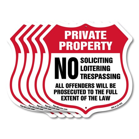 Signmission Private Property Shield Sign No Soliciti, 12 inch X 12 inch, Aluminum Metal Sign, 5PK SHI-A-5Pack-12-451